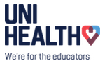 Logo for the health fund Uni Health with the slogan: We're for educators