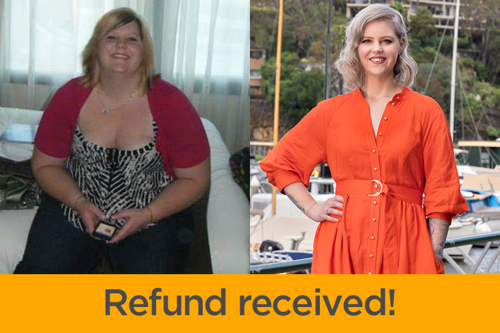 A before and after image of Kayleen showing her very noticeable weight loss.