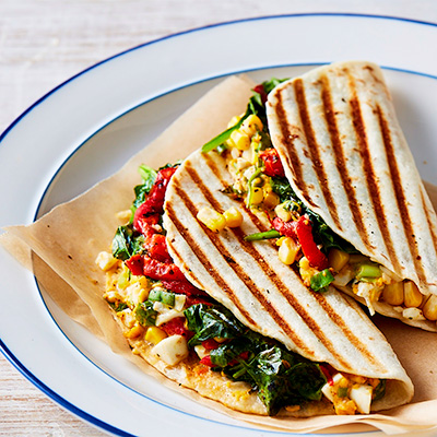 Grilled wraps with beans, spiunach, capsicum and lettuce