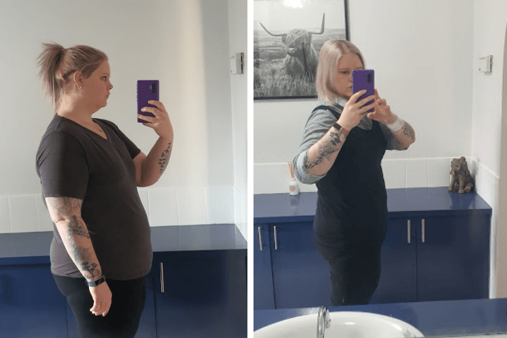 A before and after image of Kayleen showing her very noticeable weight loss.