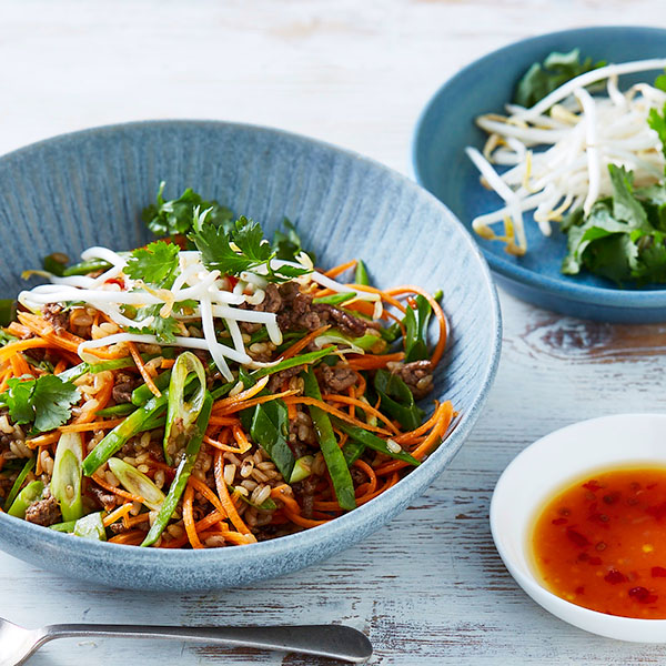 A bowl of Thai salad with rice, beef, chives, shredded carrots and bean sprouts