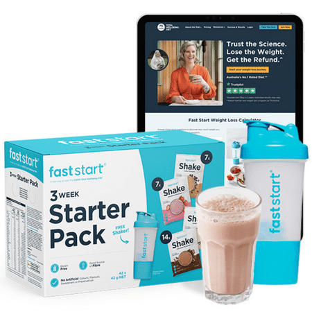 A box of the Fast Start Program meal replacement shakes, along with a shaker, a glass of chocolate shake and an iPad showing the online program.
