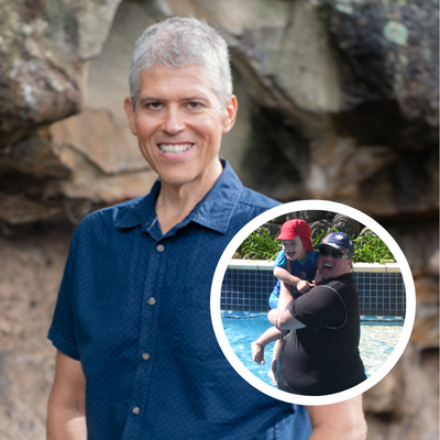 Portrait of member Terry in a blue shirt smiling at the camera. Inset is a photo of Terry before he lost weight, playing with his son in a pool.